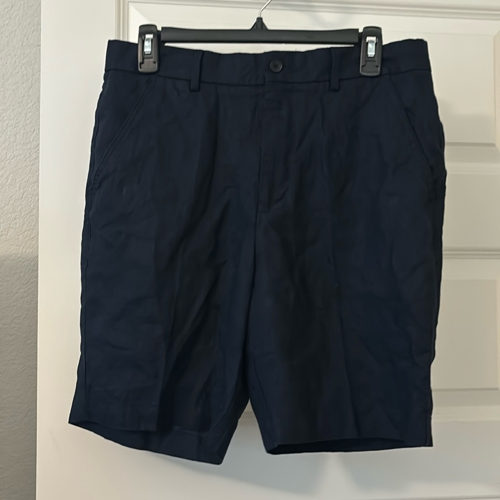 Zara navy blue linen blend Bermuda shorts SZ M high rise relaxed fit preppy